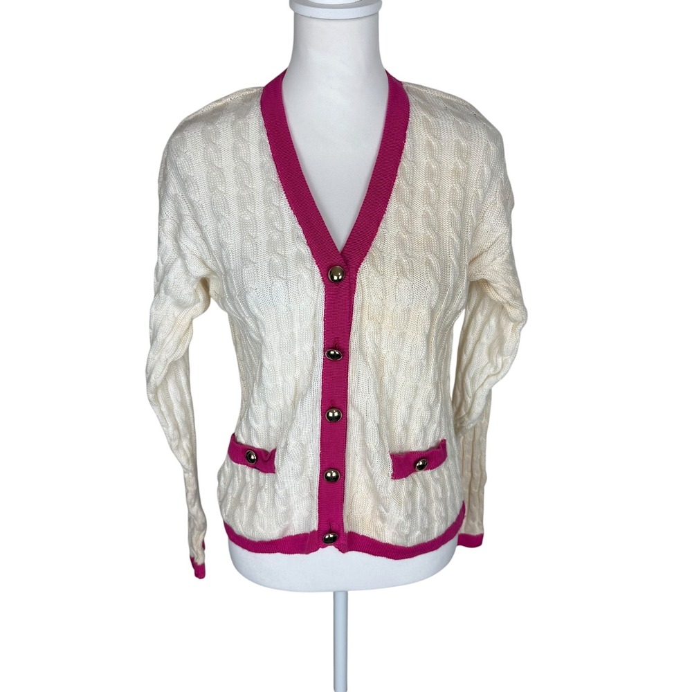 The Eagle's Eye Vintage Womens Cream Pink Cable Knit Cotton Cardigan Sweater M